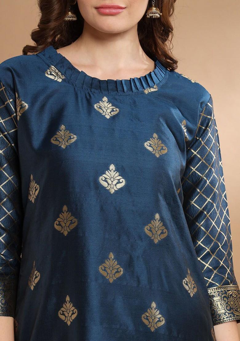 Teal Ethnic Motifs Embroidery Poly Blend Kurta Set