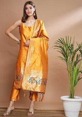 Mustard Ethnic Motifs Embroidery Poly Blend Kurta Set