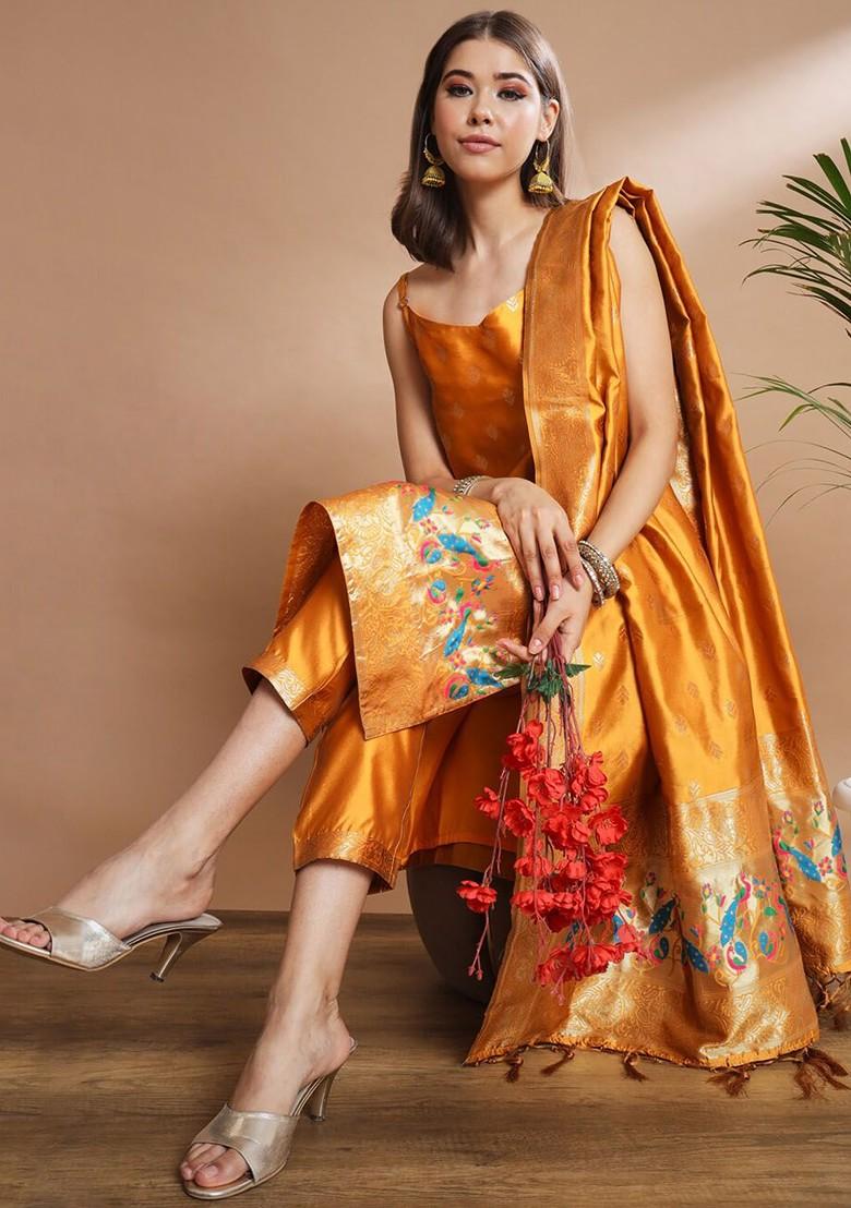 Mustard Ethnic Motifs Embroidery Poly Blend Kurta Set