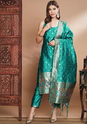 Sea Green Ethnic Motifs Embroidery Poly Blend Kurta Set