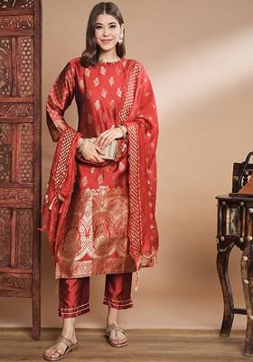 Maroon Woven Poly Blend Kurta Set