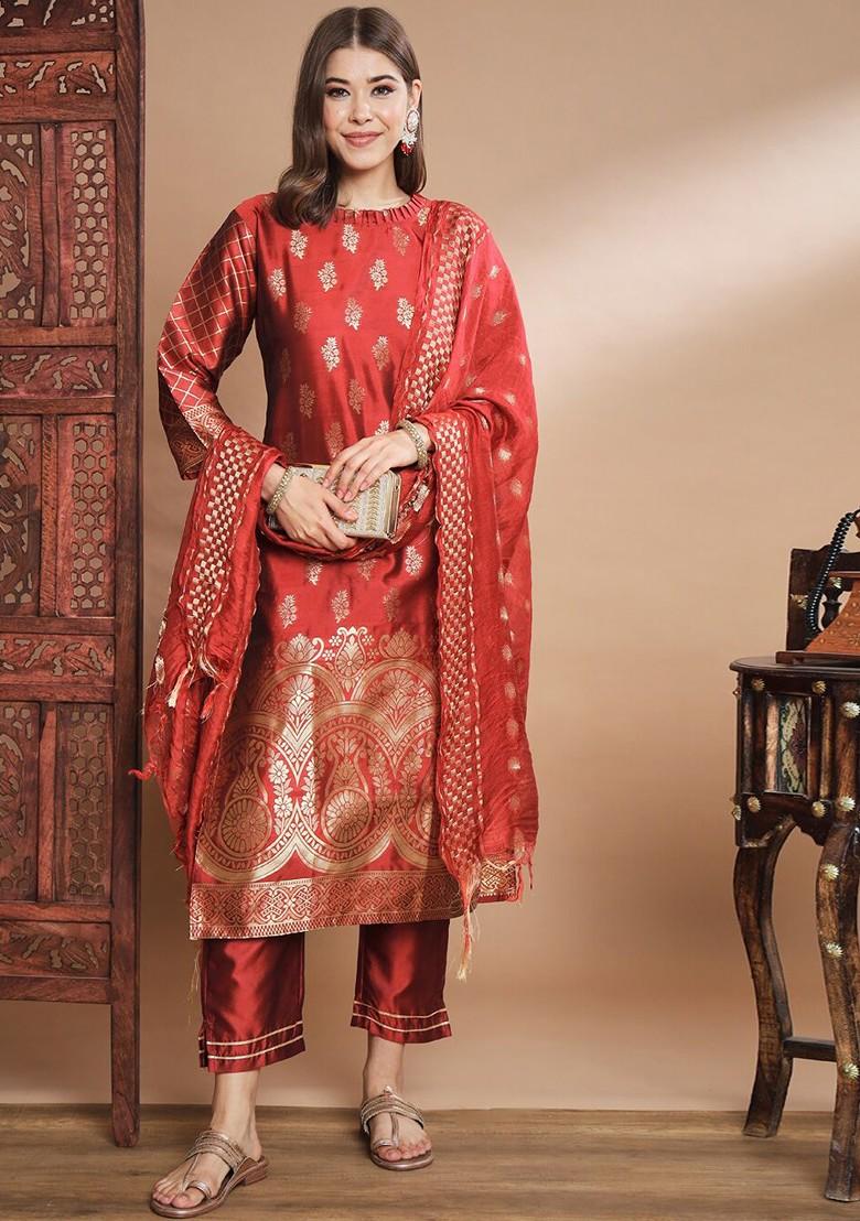 Maroon Woven Poly Blend Kurta Set