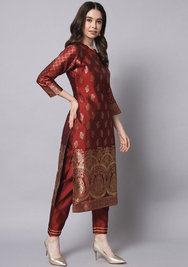 Maroon Ethnic Motifs Embroidery Poly Blend Kurta Set