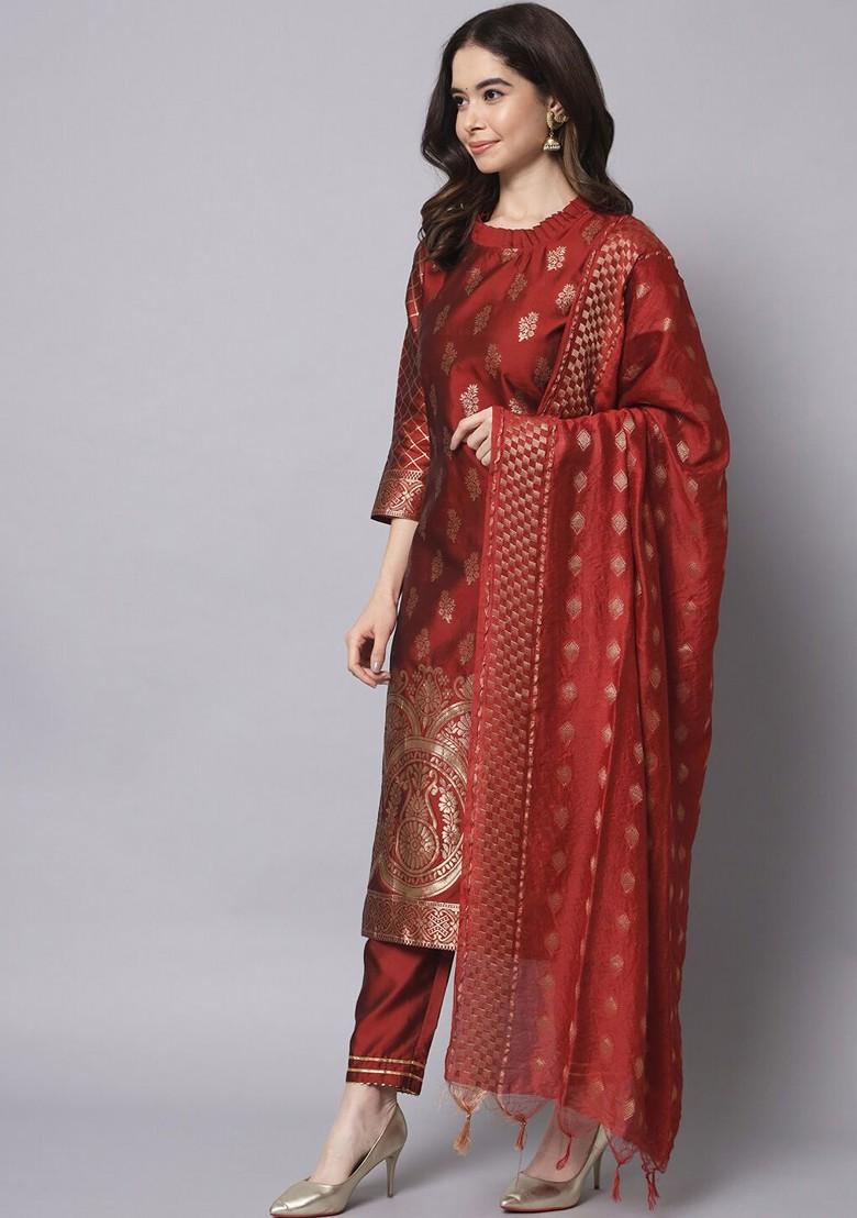 Maroon Ethnic Motifs Embroidery Poly Blend Kurta Set