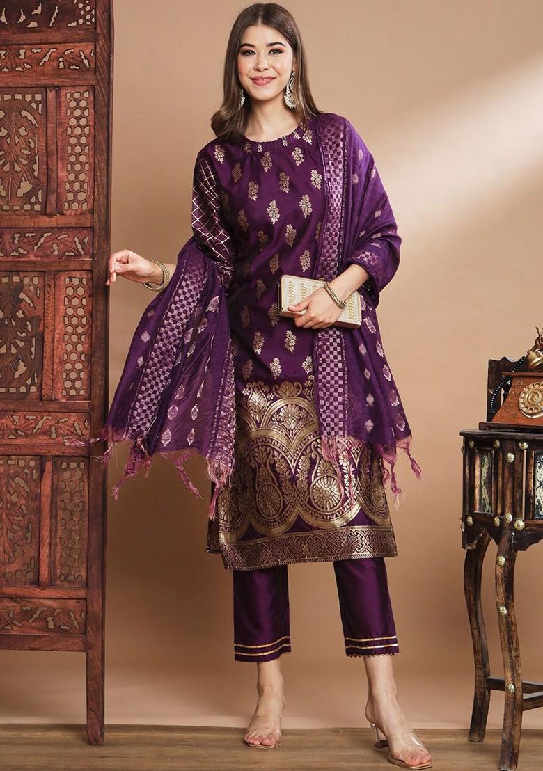 Purple Woven Poly Blend Kurta Set