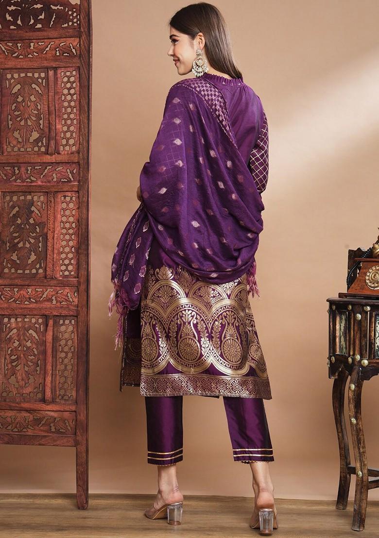 Purple Woven Poly Blend Kurta Set