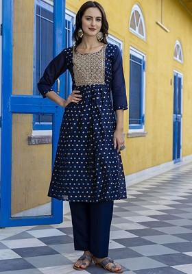 Navy Blue Zari Embroidered Silk Kurta Set
