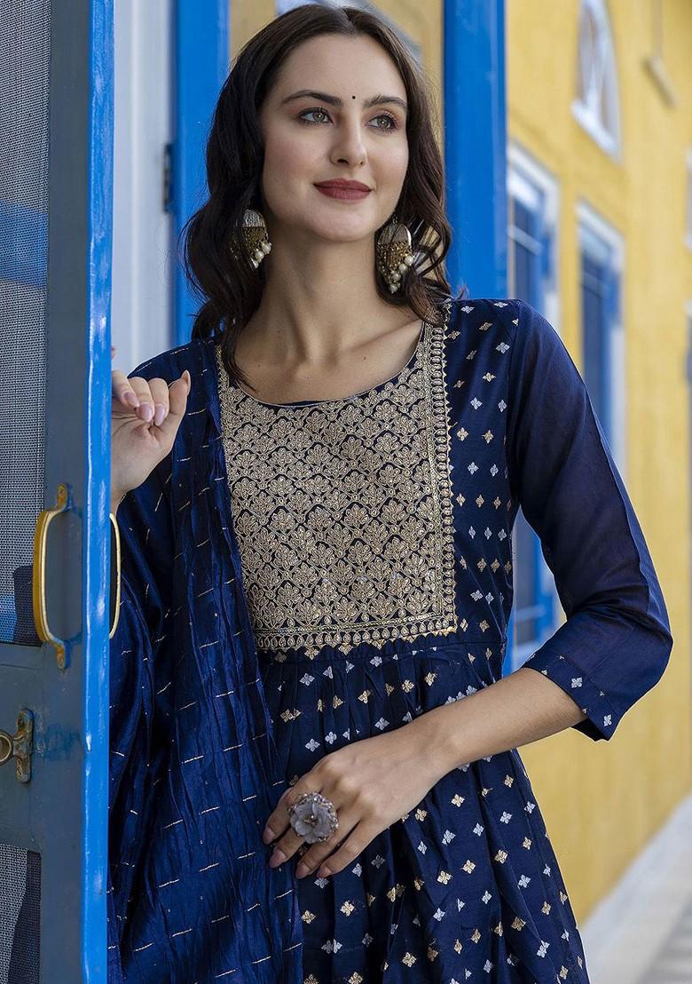 Navy Blue Zari Embroidered Silk Kurta Set