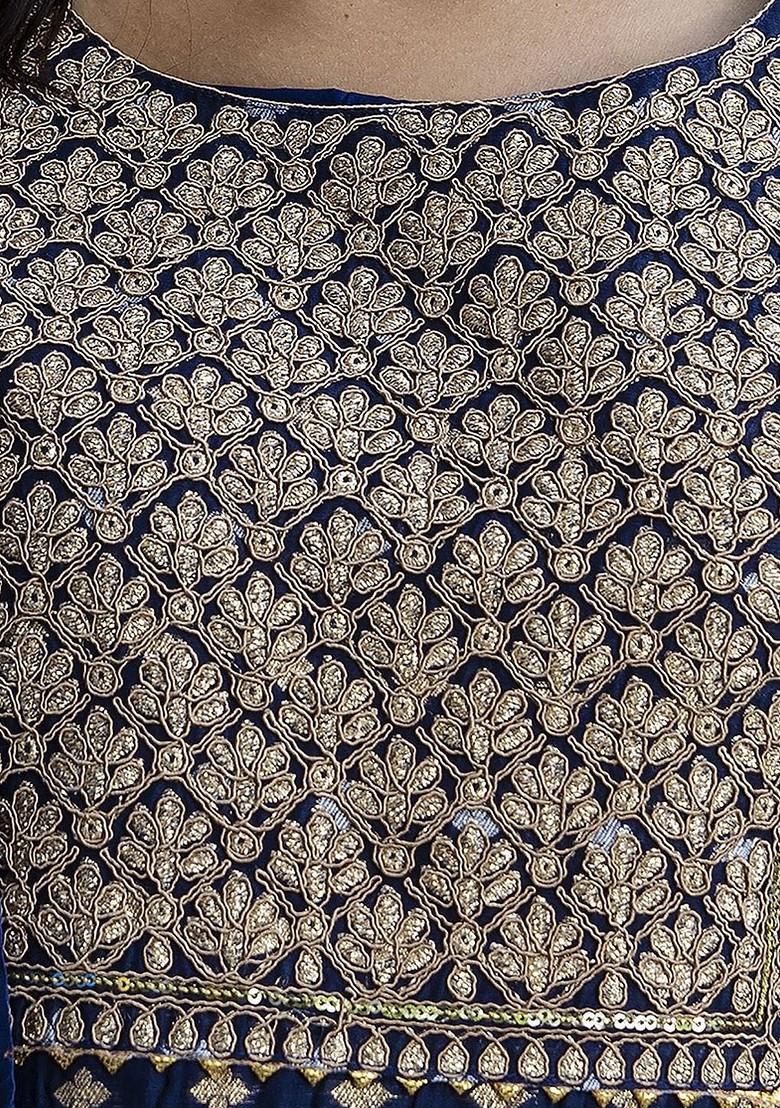 Navy Blue Zari Embroidered Silk Kurta Set