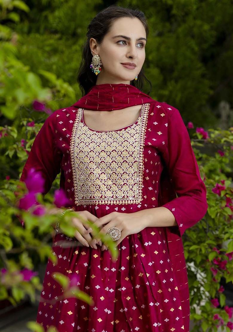 Purple Floral Embroidered Silk Kurta Set