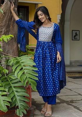 Blue Floral Embroidered Silk Kurta Set