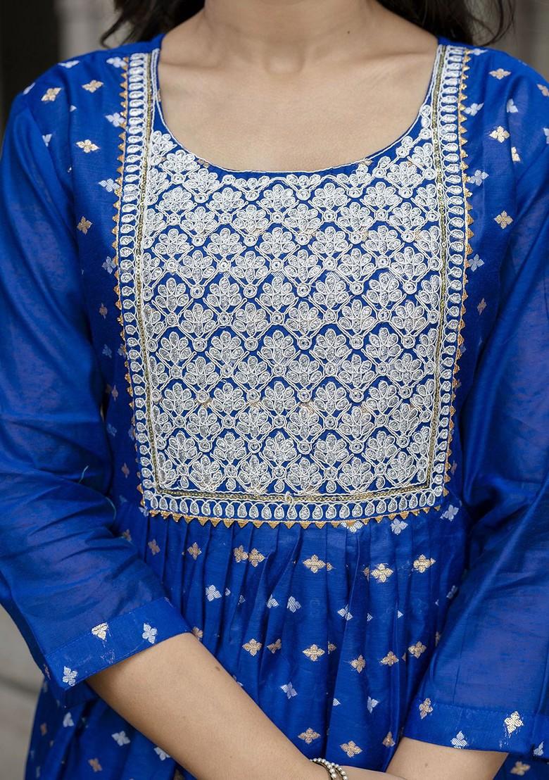 Blue Floral Embroidered Silk Kurta Set