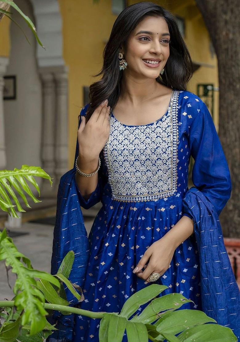 Blue Floral Embroidered Silk Kurta Set