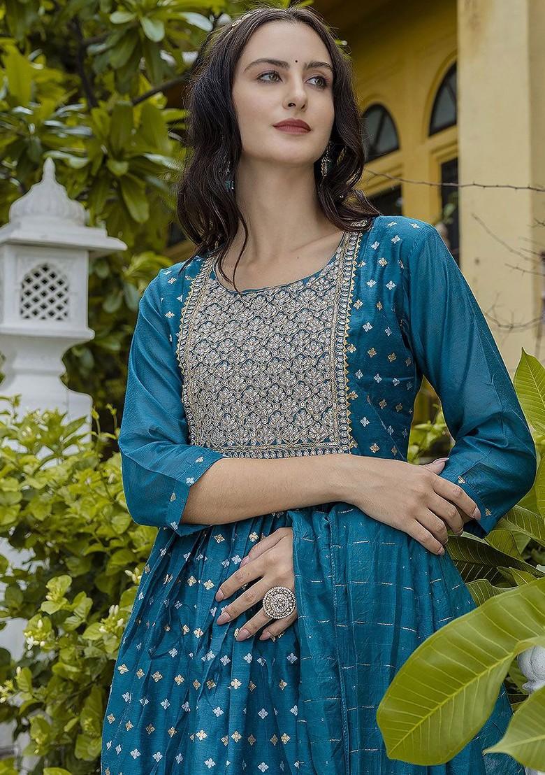 Teal Zari Embroidered Silk Kurta Set