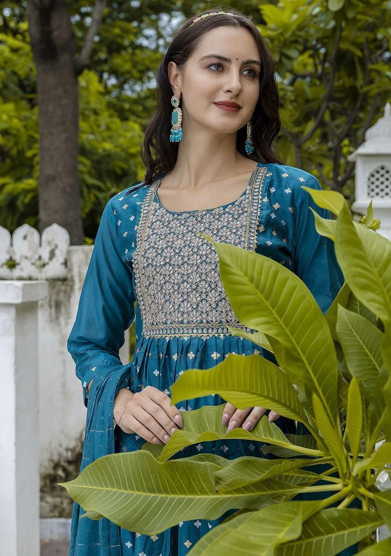 Teal Zari Embroidered Silk Kurta Set