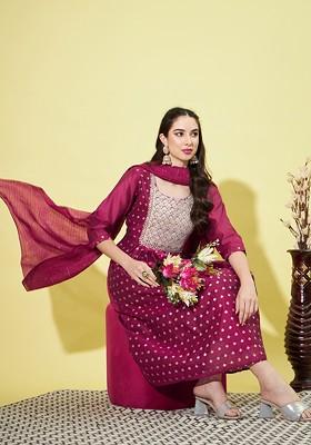 Purple Floral Embroidered Silk Kurta Set