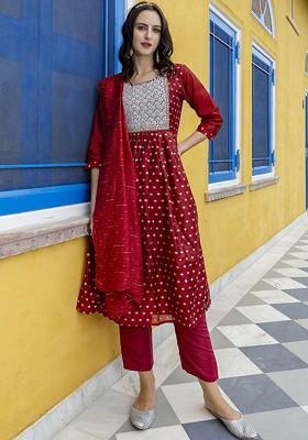 Maroon Printed Silk Kurta Set