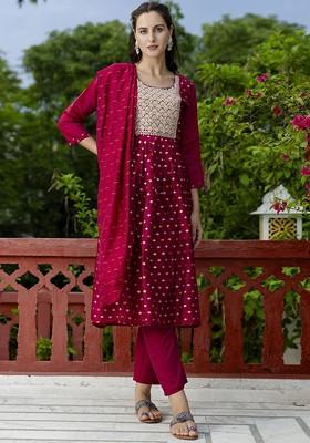 Burgundy Printed Silk Kurta Set