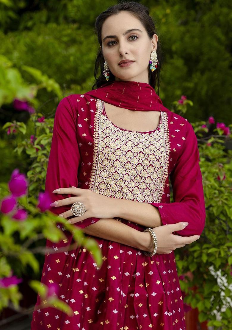 Burgundy Printed Silk Kurta Set