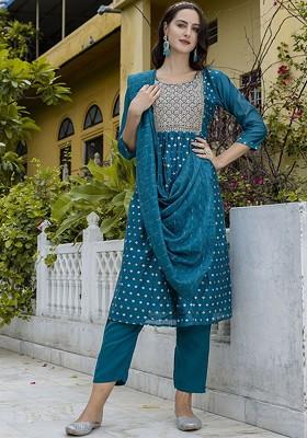 Teal Printed Silk Kurta Set