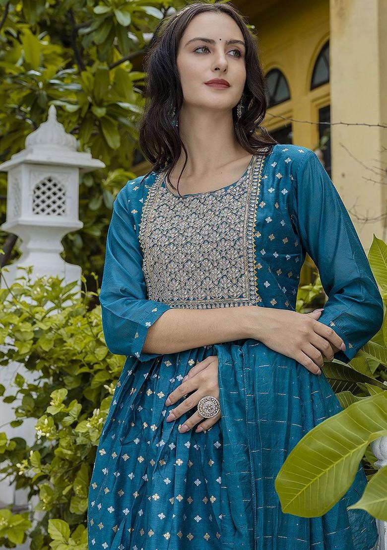 Teal Printed Silk Kurta Set