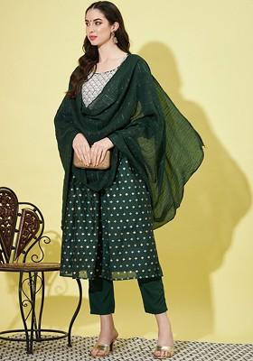 Green Printed Poly Blend Kurta Set