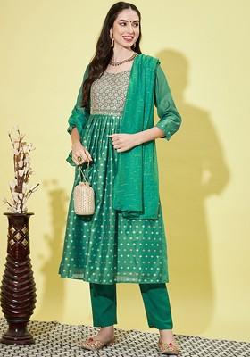 Green Floral Embroidered Silk Kurta Set