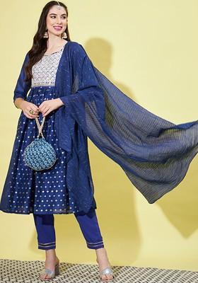 Blue Printed Silk Kurta Set