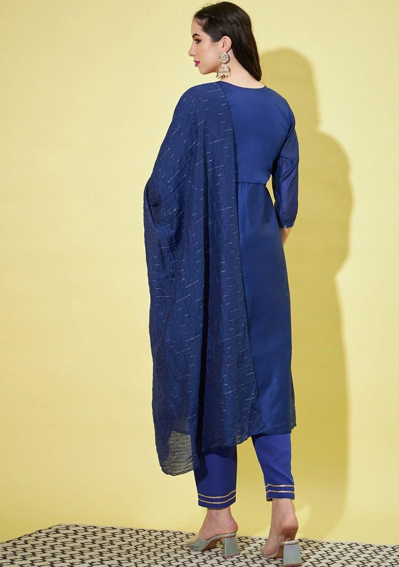Blue Printed Silk Kurta Set
