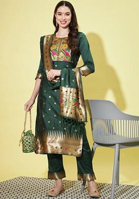 Green Woven Poly Blend Kurta Set