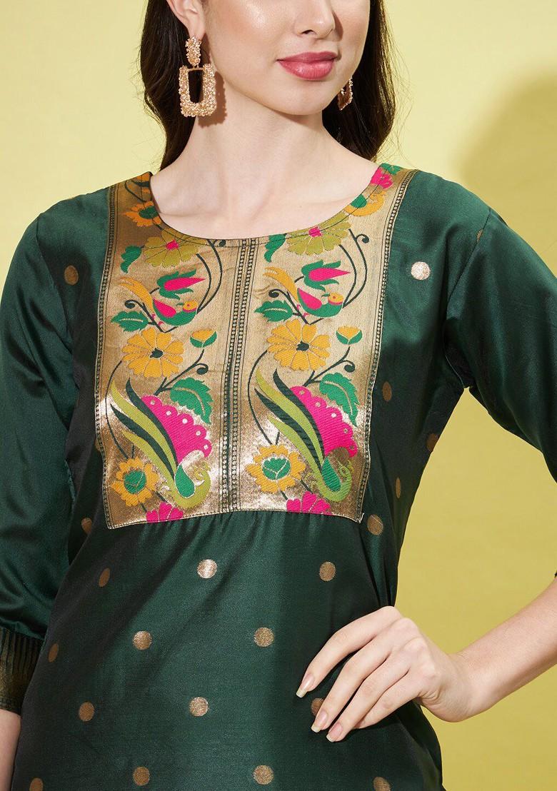 Green Woven Poly Blend Kurta Set