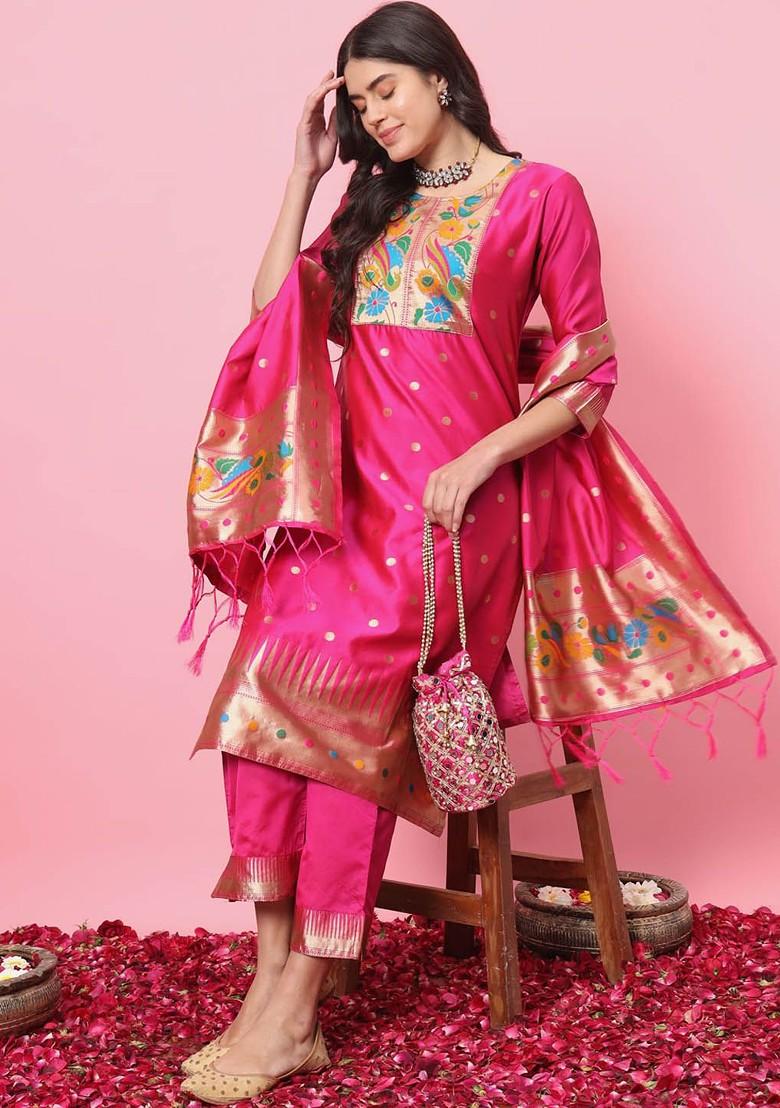 Pink Gota Patti Poly Blend Kurta Set
