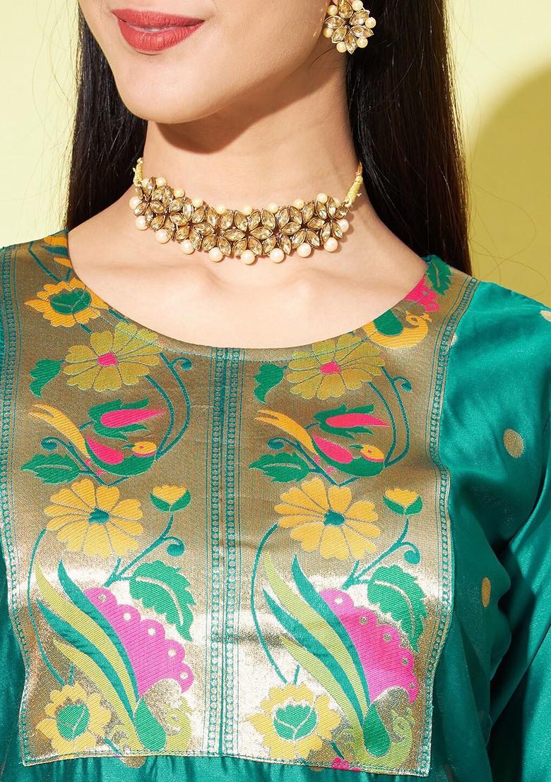 Green Woven Poly Blend Kurta Set