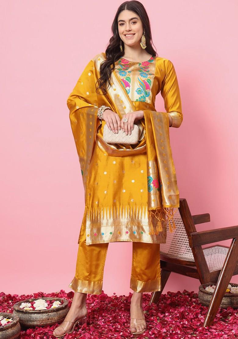 Yellow Woven Poly Blend Kurta Set