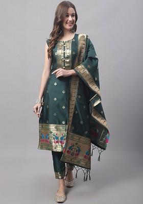 Green Solid Silk Kurta Set