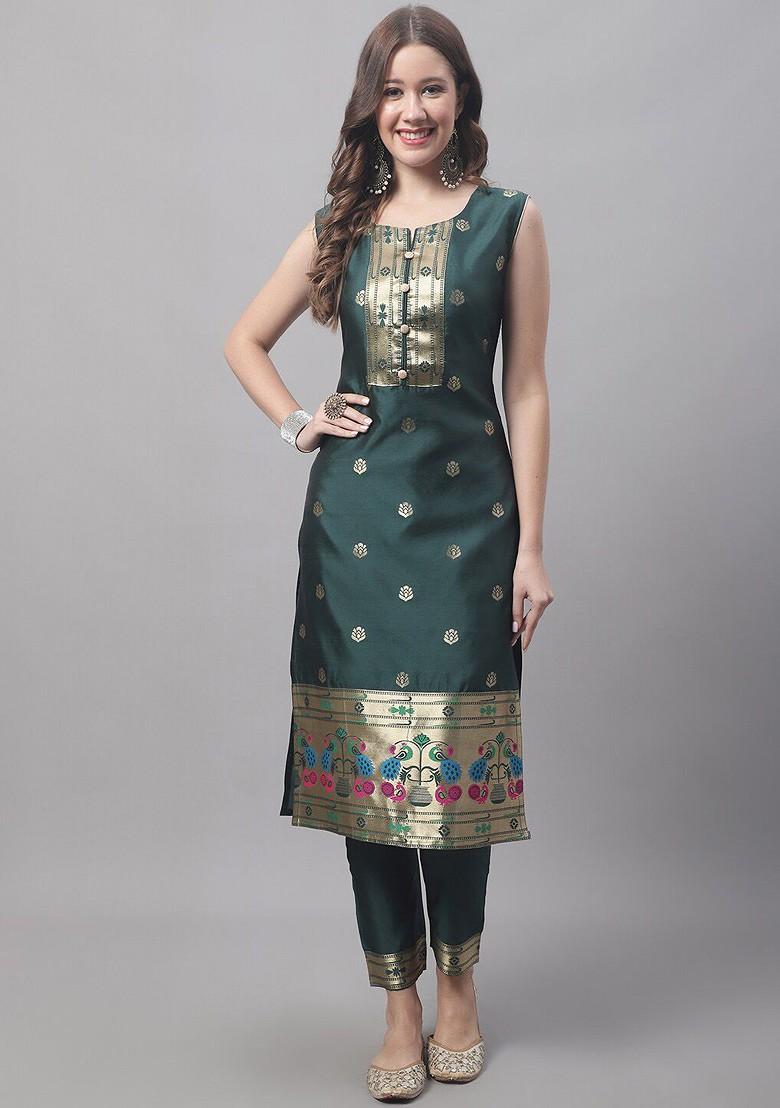 Green Solid Silk Kurta Set