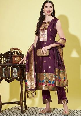 Purple Ethnic Motifs Embroidery Poly Blend Kurta Set
