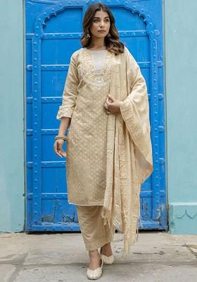 Brown Floral Embroidered Silk Kurta Set