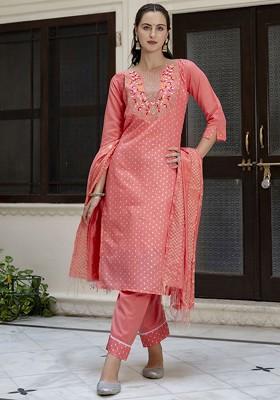 Pink Floral Embroidered Silk Kurta Set