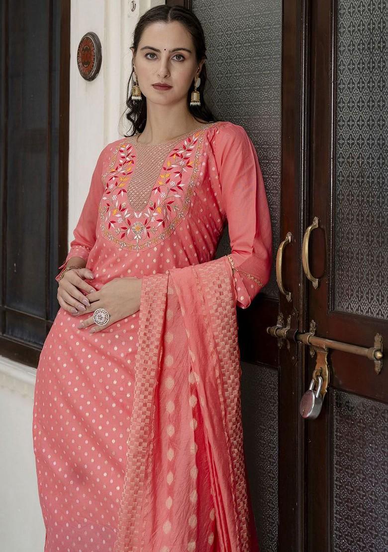 Pink Floral Embroidered Silk Kurta Set