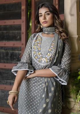 Grey Printed Silk Kurta Set