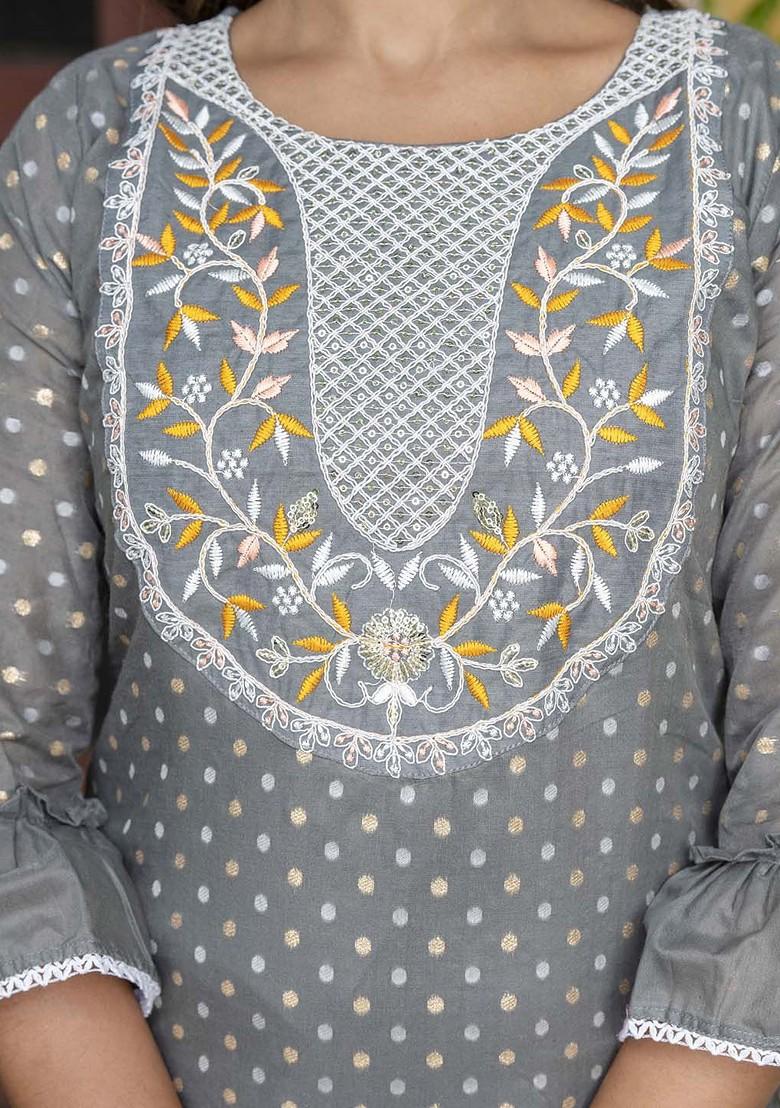 Grey Printed Silk Kurta Set