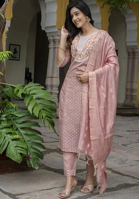 Peach Printed Silk Kurta Set