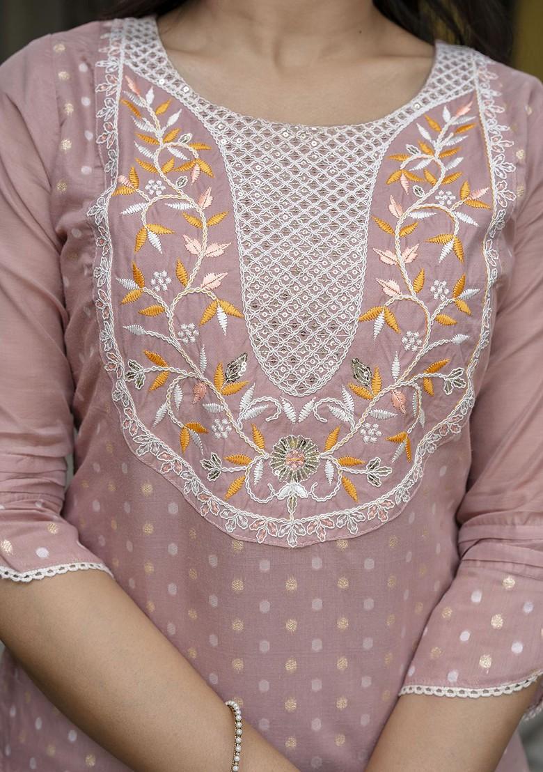 Peach Printed Silk Kurta Set