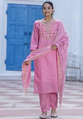 Pink Floral Embroidered Silk Kurta Set
