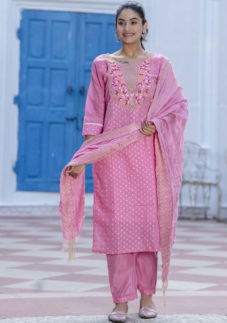 Pink Floral Embroidered Silk Kurta Set