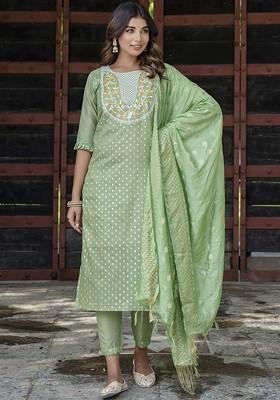 Green Ethnic Motifs Embroidery Silk Kurta Set