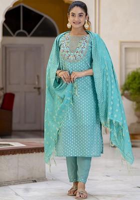 Blue Floral Embroidered Silk Kurta Set