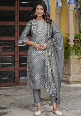 Grey Printed Silk Kurta Set