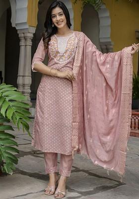 Peach Printed Silk Kurta Set